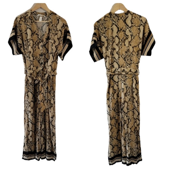 H&M Women's Animal Print Jumpsuit Size 6 Straight Leg Pocket Waist Tie Boho Fall - Picture 1 of 11